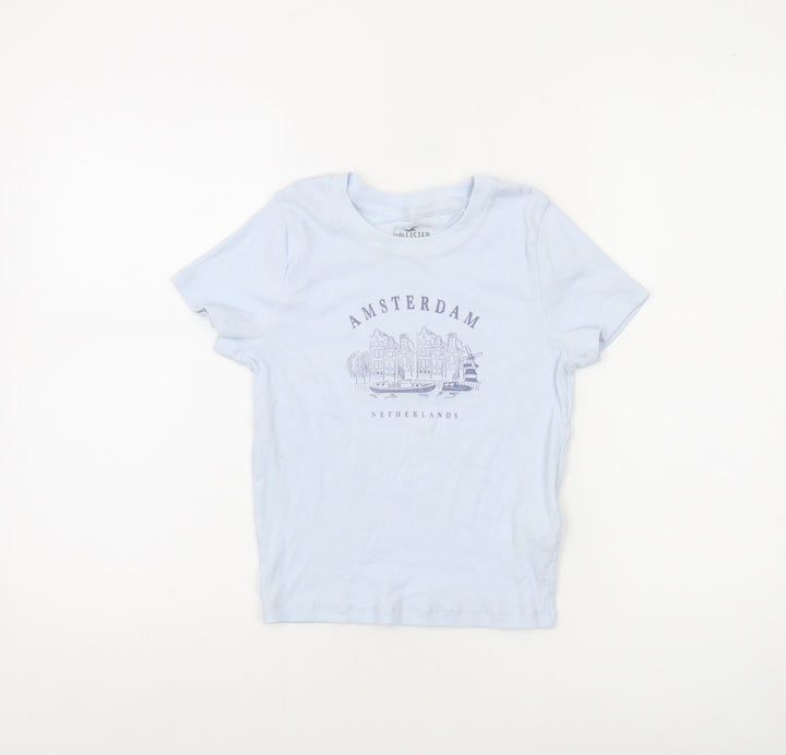 Hollister Women Blue Amsterdam Print Slim Fit T-Shirt Size M
