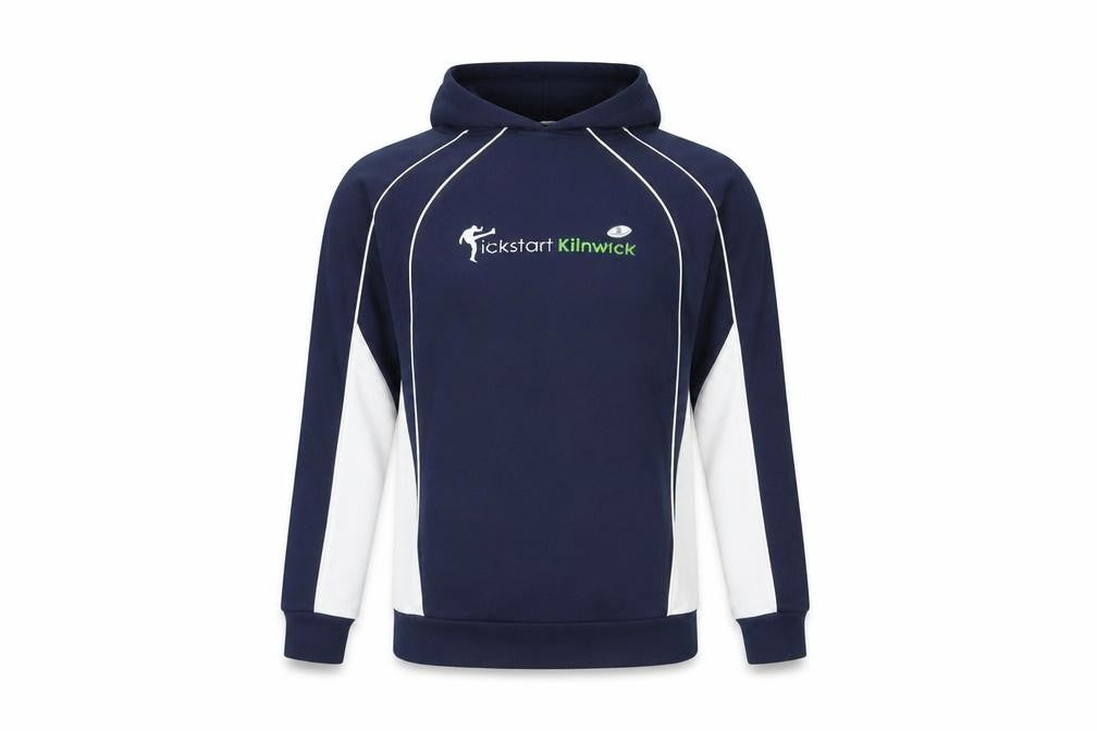 Front view of Raging Bull men’s navy blue pullover hoodie, size M, sportswear