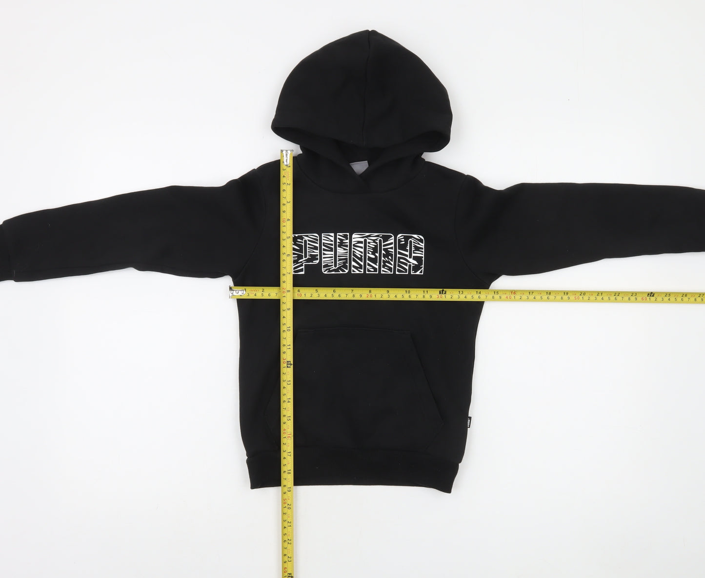 Puma Boys Black Pullover Hoodie 9-10 Years Graphic Print Kangaroo Pocket