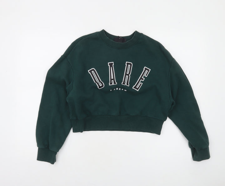 Monki Womens Green Cropped Crew Neck Pullover Sweatshirt XS
