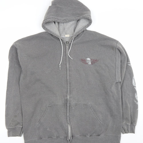 Mega Outfitters Men's Grey Full Zip Skull Graphic Hoodie Size M