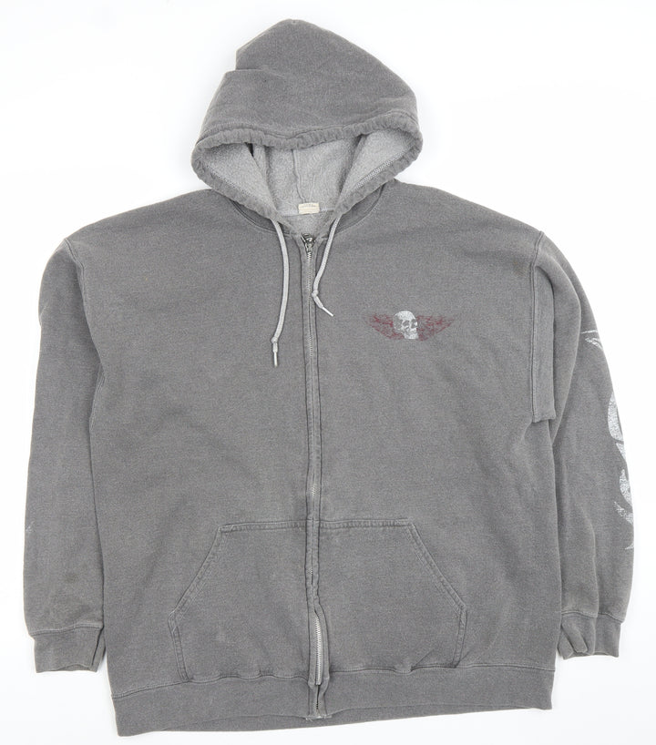Mega Outfitters Men's Grey Full Zip Skull Graphic Hoodie Size M