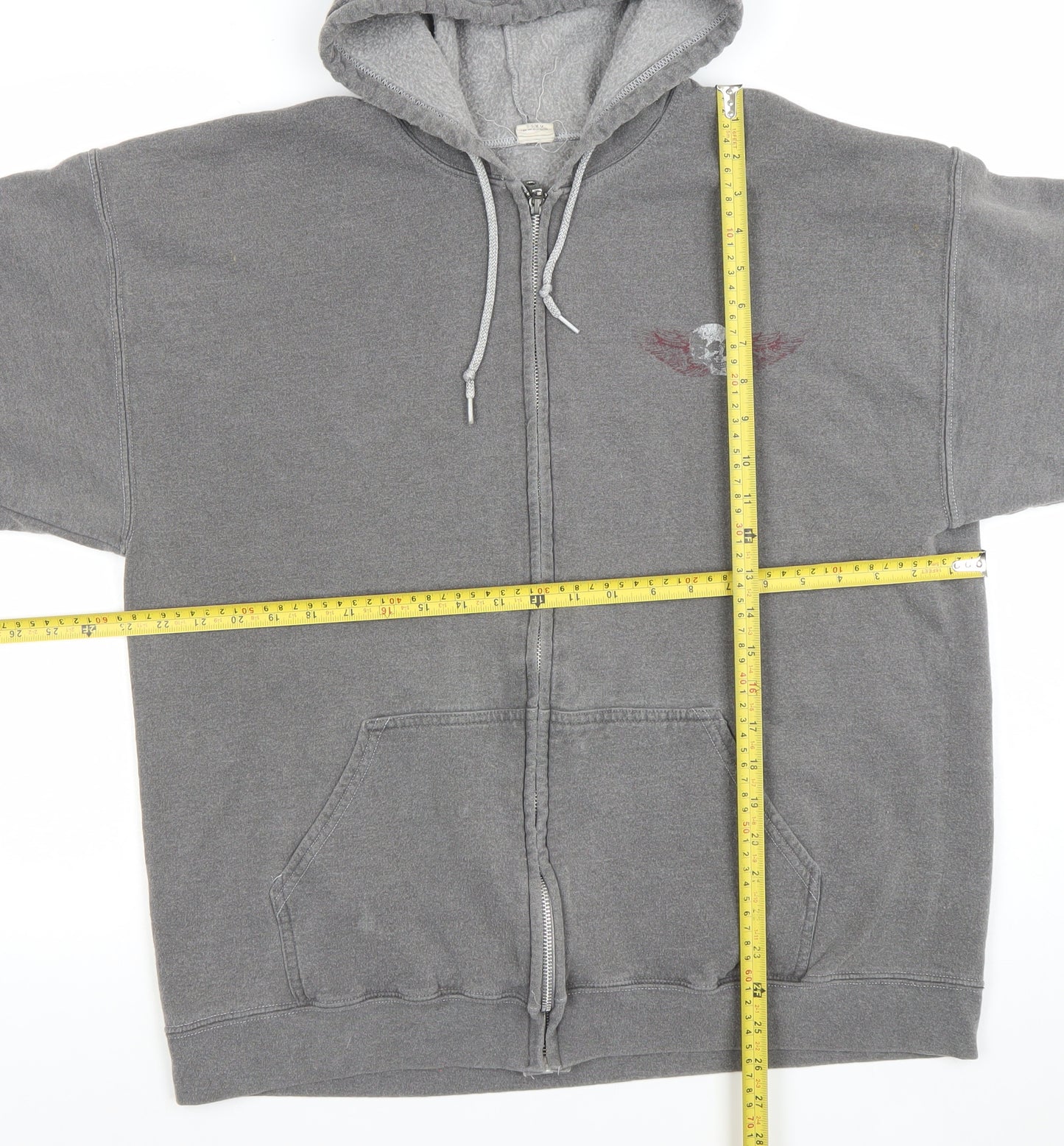 Mega Outfitters Men's Grey Full Zip Skull Graphic Hoodie Size M