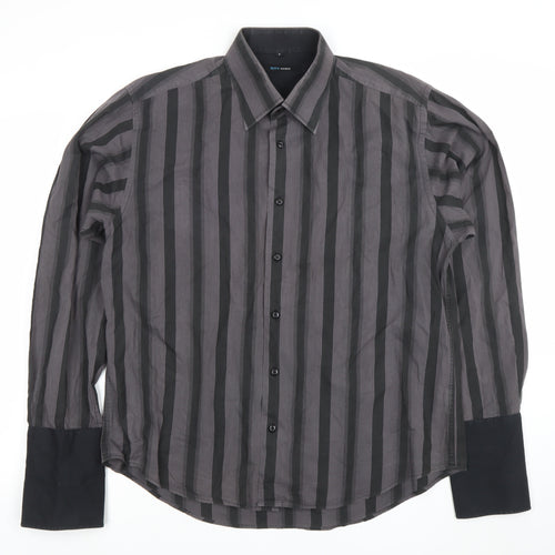 Mitu Uomo Men's Grey Striped Cotton Long Sleeve Formal Dress Shirt L