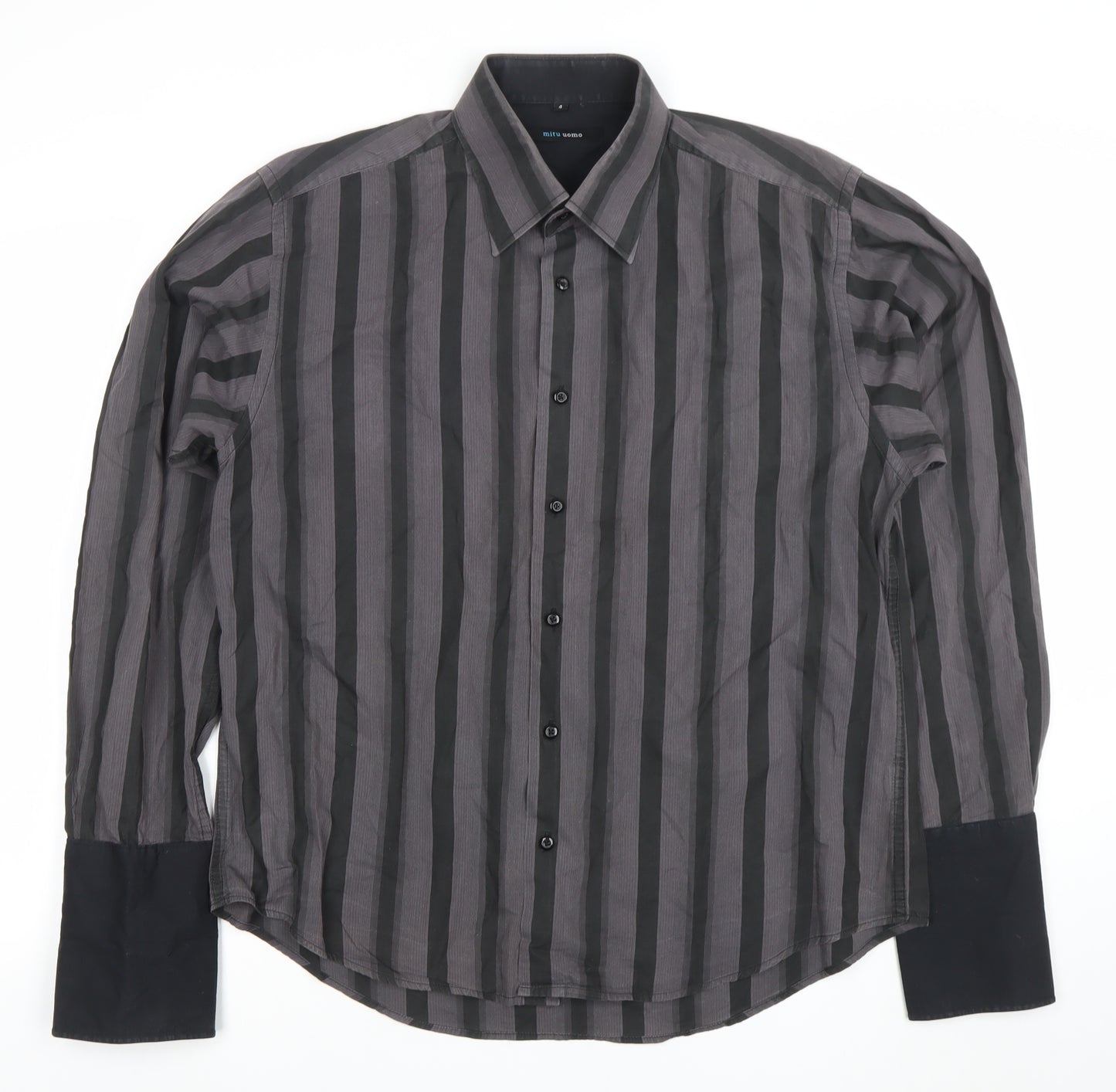 Mitu Uomo Men's Grey Striped Cotton Long Sleeve Formal Dress Shirt L