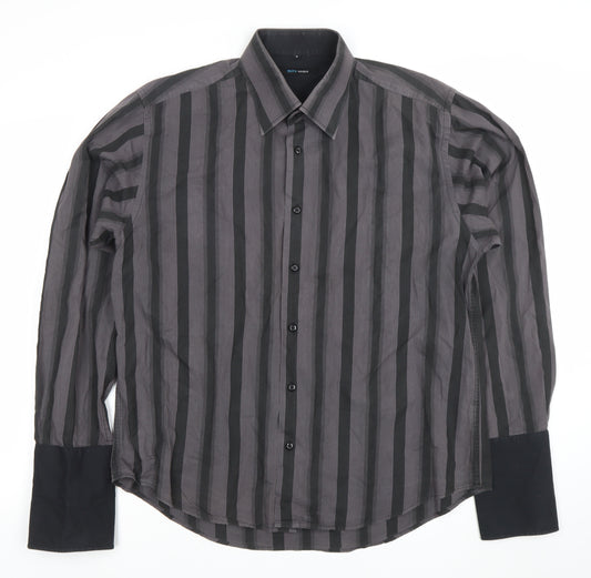 Mitu Uomo Men's Grey Striped Cotton Long Sleeve Formal Dress Shirt L