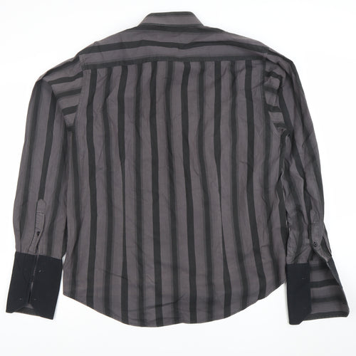 Mitu Uomo Men's Grey Striped Cotton Long Sleeve Formal Dress Shirt L