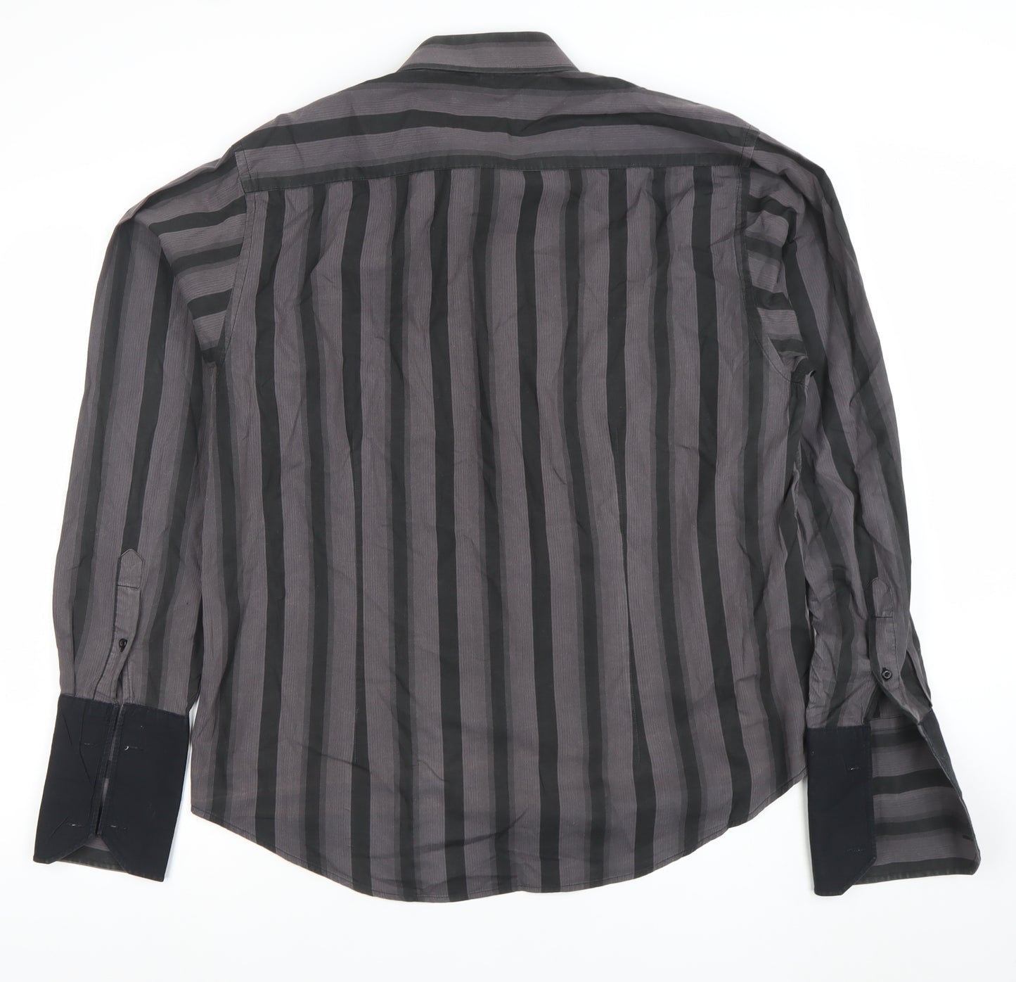 Mitu Uomo Men's Grey Striped Cotton Long Sleeve Formal Dress Shirt L