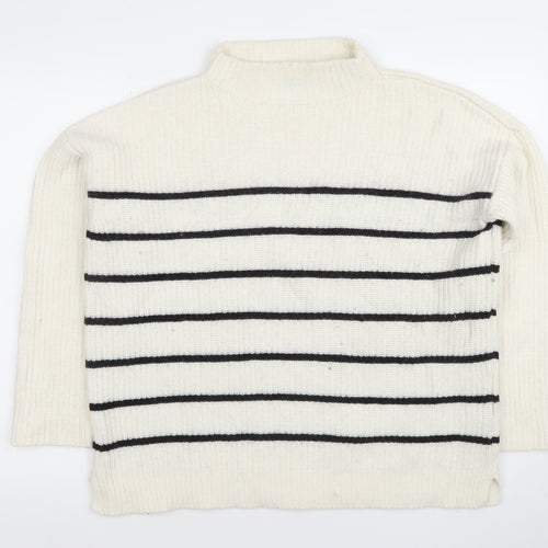Massimo Dutti Women's White Striped Mock Neck Wool Jumper Size S