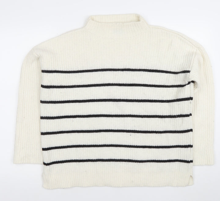 Massimo Dutti Women's White Striped Mock Neck Wool Jumper Size S