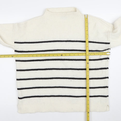 Massimo Dutti Women's White Striped Mock Neck Wool Jumper Size S