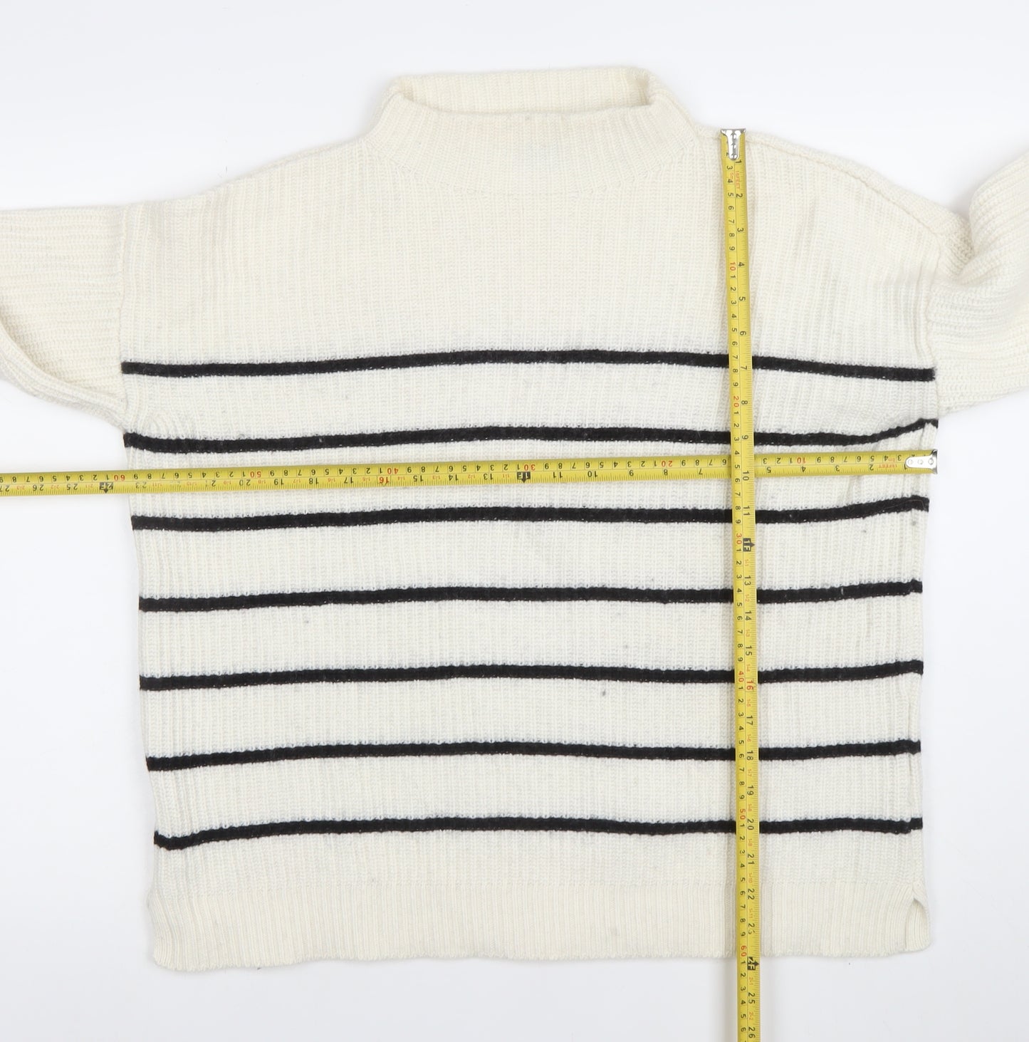 Massimo Dutti Women's White Striped Mock Neck Wool Jumper Size S