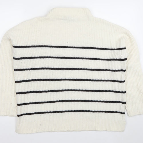 Massimo Dutti Women's White Striped Mock Neck Wool Jumper Size S