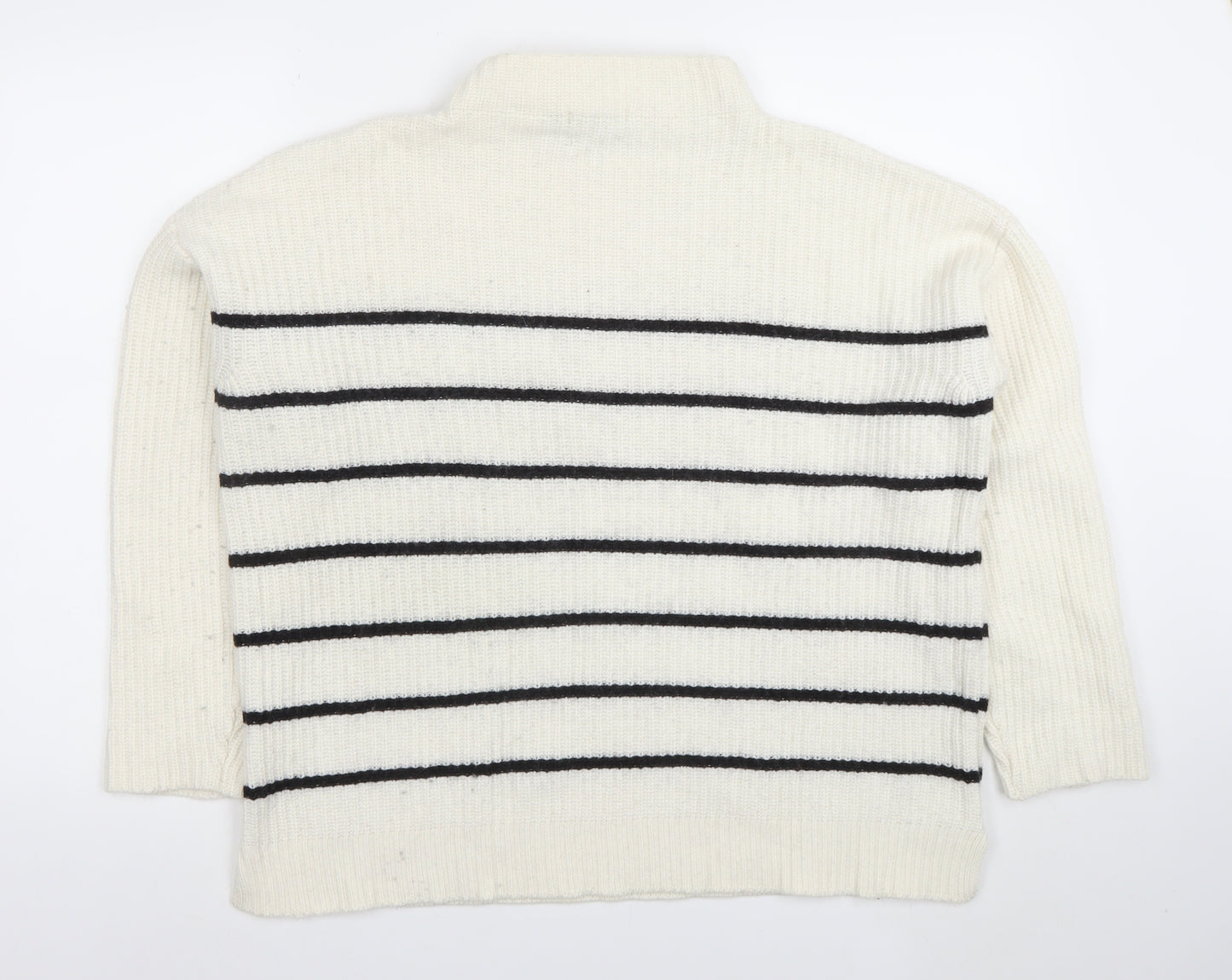 Massimo Dutti Women's White Striped Mock Neck Wool Jumper Size S