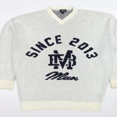 BoohooMAN Men's White V-Neck Graphic Knit Pullover Jumper Size M