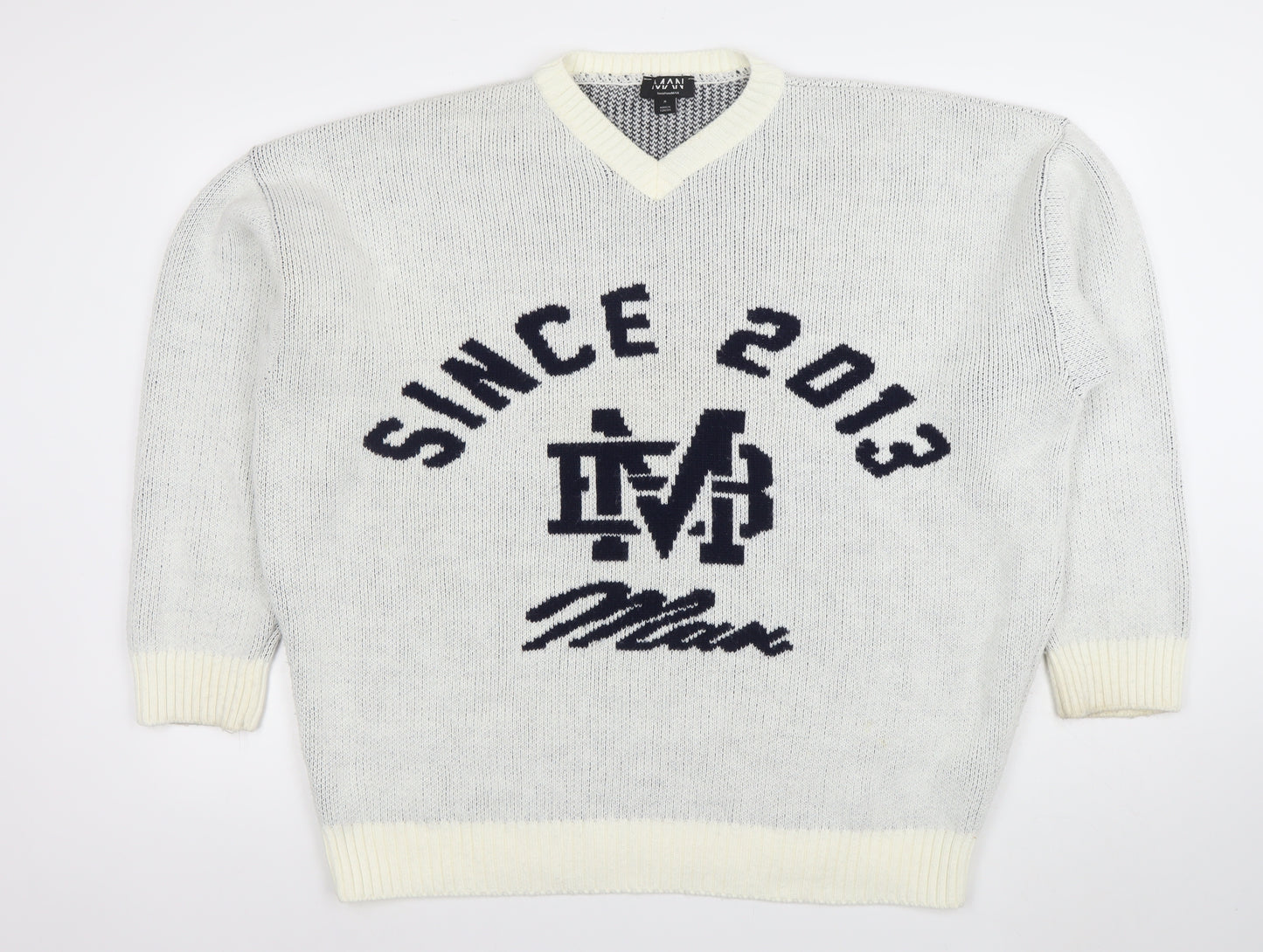 BoohooMAN Men's White V-Neck Graphic Knit Pullover Jumper Size M