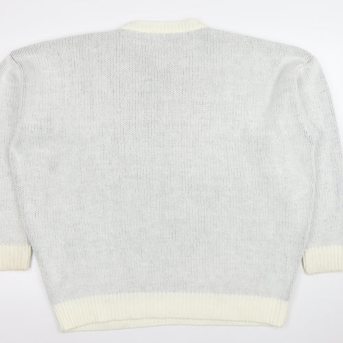 BoohooMAN Men's White V-Neck Graphic Knit Pullover Jumper Size M