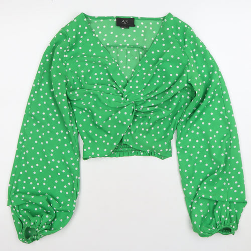 AX Womens Green Polka Dot V-Neck Cropped Long Sleeve Blouse Size 6