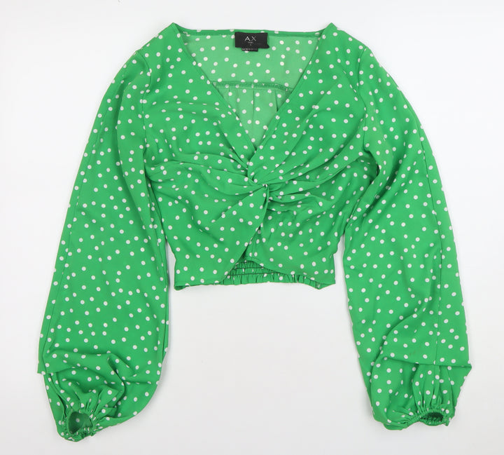 AX Womens Green Polka Dot V-Neck Cropped Long Sleeve Blouse Size 6