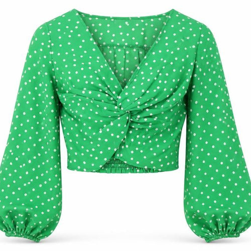 AX Womens Green Polka Dot V-Neck Cropped Long Sleeve Blouse Size 6