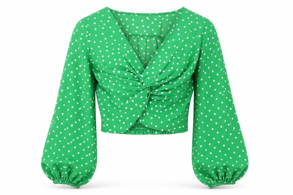AX Womens Green Polka Dot V-Neck Cropped Long Sleeve Blouse Size 6
