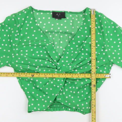 AX Womens Green Polka Dot V-Neck Cropped Long Sleeve Blouse Size 6