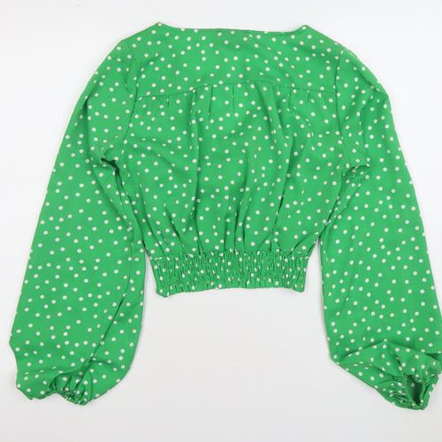 AX Womens Green Polka Dot V-Neck Cropped Long Sleeve Blouse Size 6