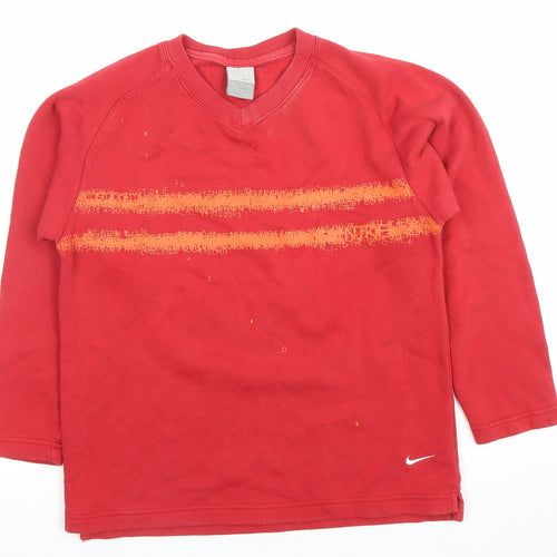 Nike Boys Red Sweatshirt V-Neck Long Sleeve Pullover Cotton Blend Size M