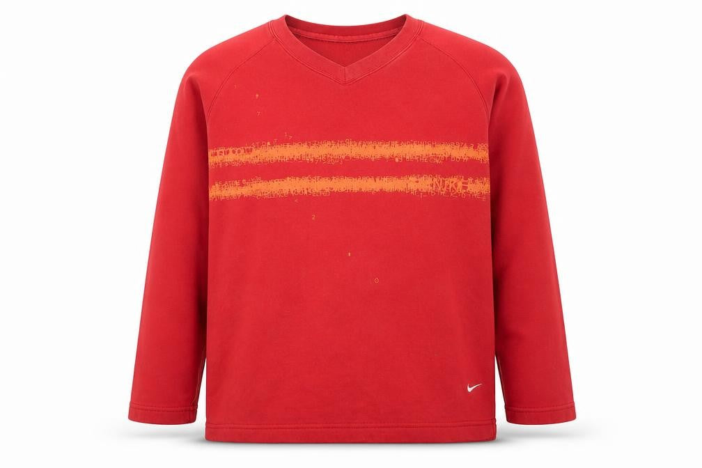 Front view of Nike boys’ red sweatshirt v-neck long sleeve pullover cotton blend, size M