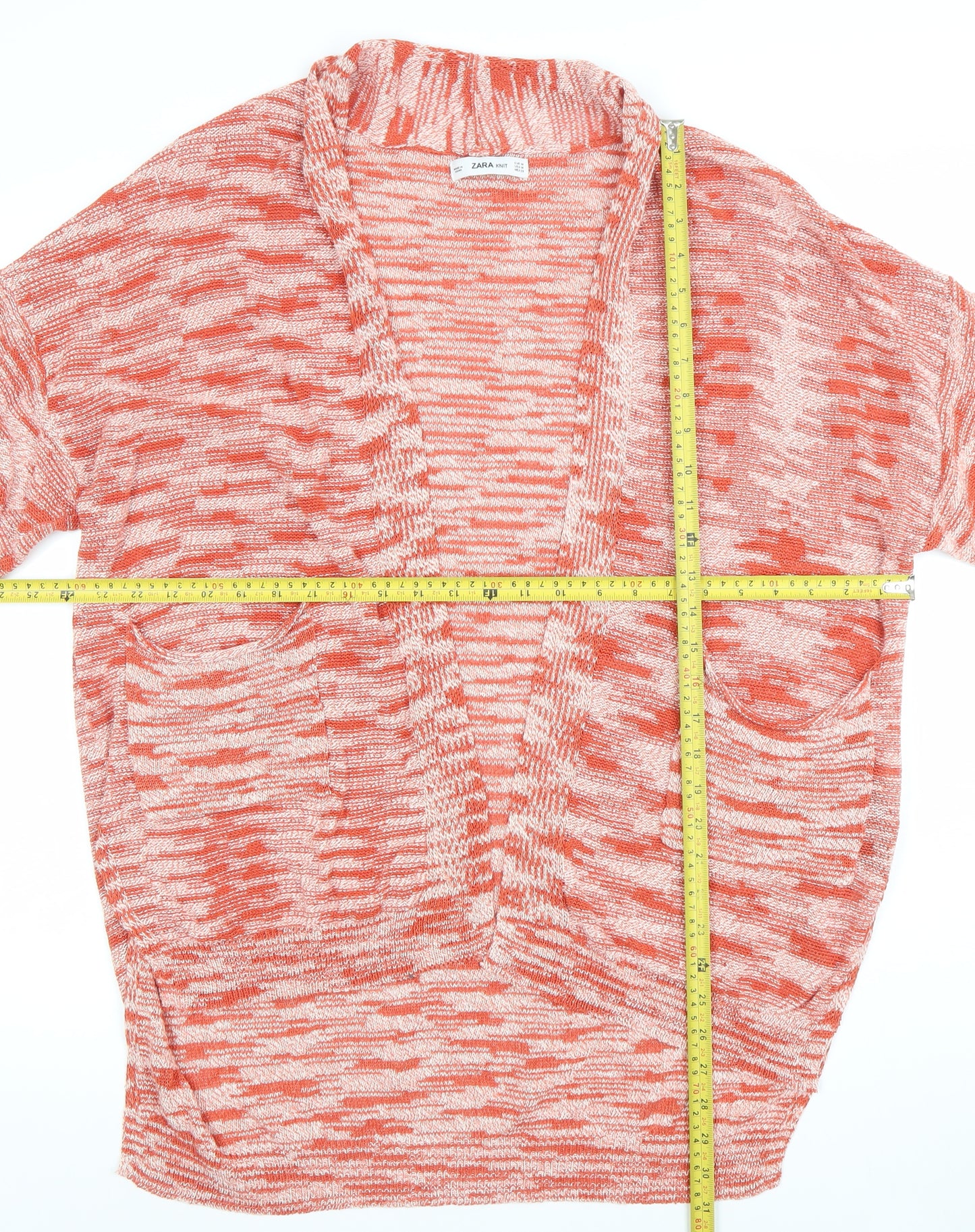 Zara Women Orange Knit Short Sleeve Open Cardigan Size 12