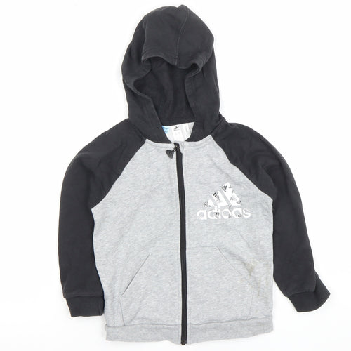 Adidas Boys Grey Black Full Zip Hoodie Size 3-4 Years Cotton Blend