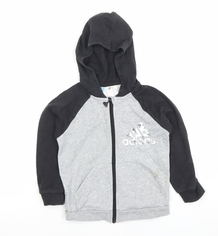 Adidas Boys Grey Black Full Zip Hoodie Size 3-4 Years Cotton Blend