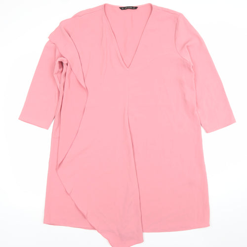 Zara Women Pink V-Neck Shift Dress Size 14 3/4 Sleeve