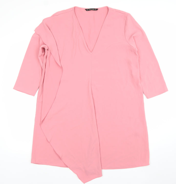 Zara Women Pink V-Neck Shift Dress Size 14 3/4 Sleeve