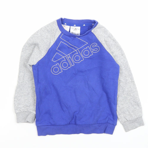 Adidas Boys Blue & Grey Sweatshirt 3-4 Years Crew Neck Logo Cotton Blend