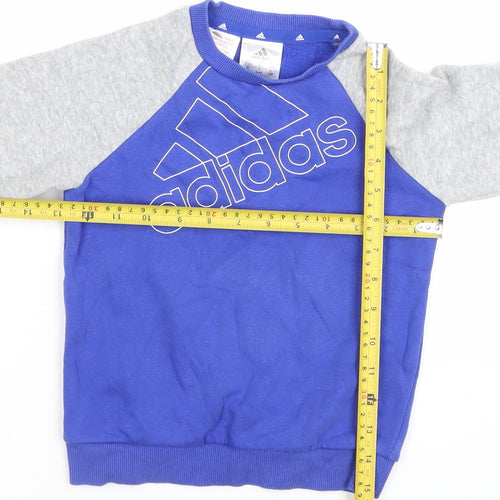 Adidas Boys Blue & Grey Sweatshirt 3-4 Years Crew Neck Logo Cotton Blend