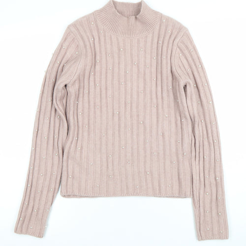 MNG Women's Pink Beaded Mock Neck Ribbed Knit Jumper Size M