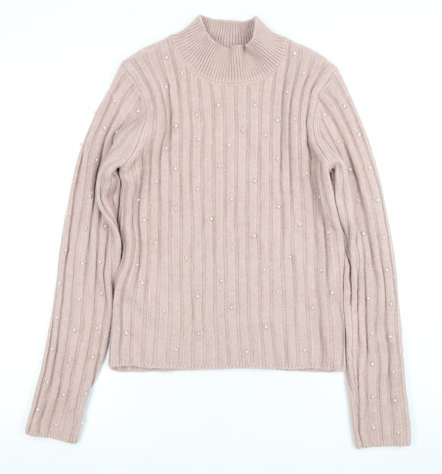 MNG Women's Pink Beaded Mock Neck Ribbed Knit Jumper Size M