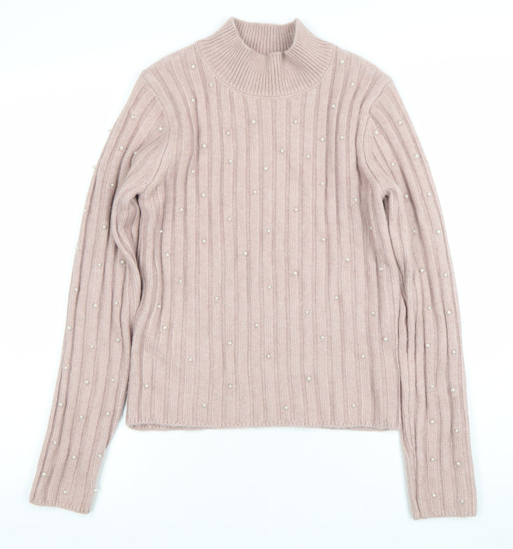 MNG Women's Pink Beaded Mock Neck Ribbed Knit Jumper Size M