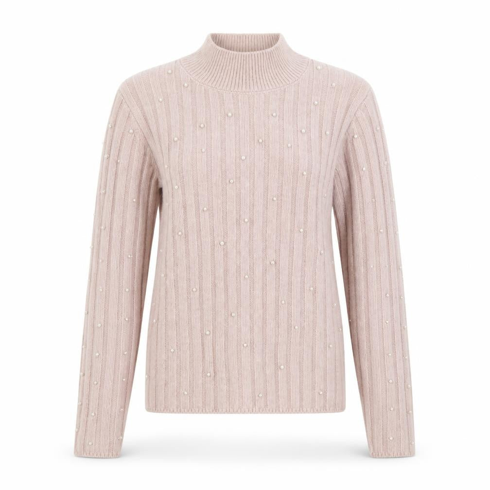 MNG Women's Pink Beaded Mock Neck Ribbed Knit Jumper Size M