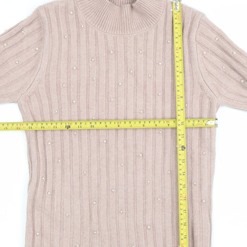MNG Women's Pink Beaded Mock Neck Ribbed Knit Jumper Size M