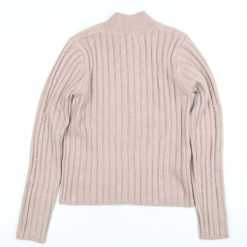 MNG Women's Pink Beaded Mock Neck Ribbed Knit Jumper Size M