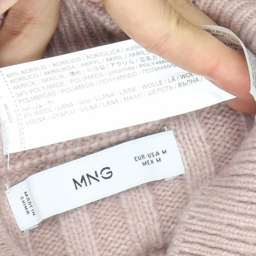 MNG Women's Pink Beaded Mock Neck Ribbed Knit Jumper Size M