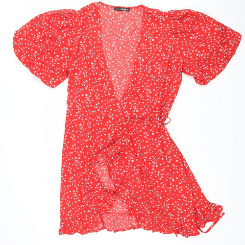 Quiz Women’s Red Floral Short Puff Sleeve Wrap Dress Size 12