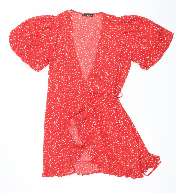 Quiz Women’s Red Floral Short Puff Sleeve Wrap Dress Size 12