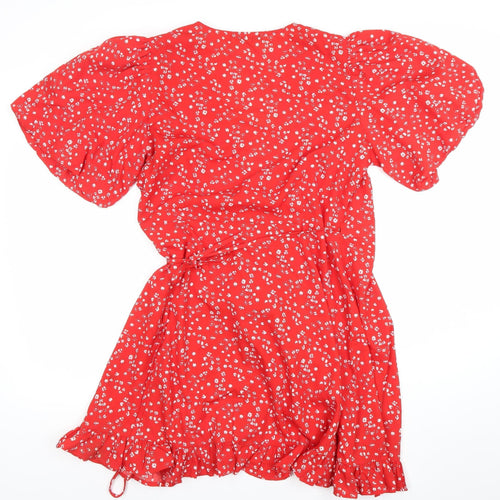 Quiz Women’s Red Floral Short Puff Sleeve Wrap Dress Size 12