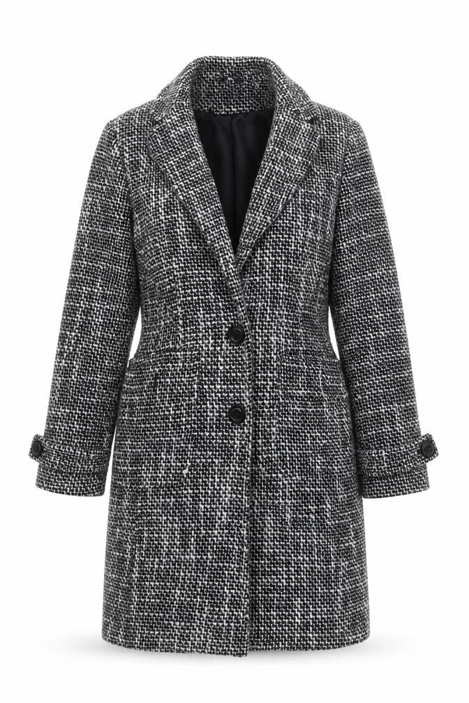 New Look Women’s Black Check Tweed Mid-Length Coat Size 12