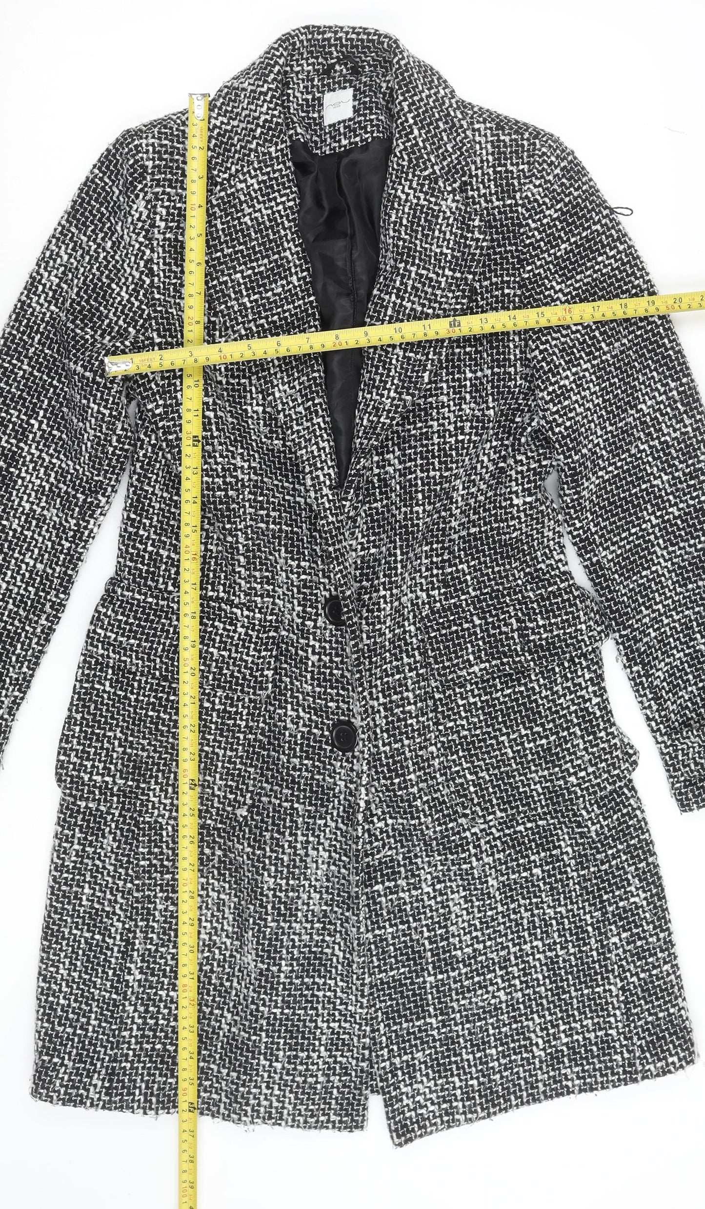 New Look Women’s Black Check Tweed Mid-Length Coat Size 12