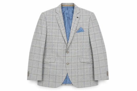 Front view of Brook Taverner Men's Grey Check Wool Blend Blazer 42R Classic Fit