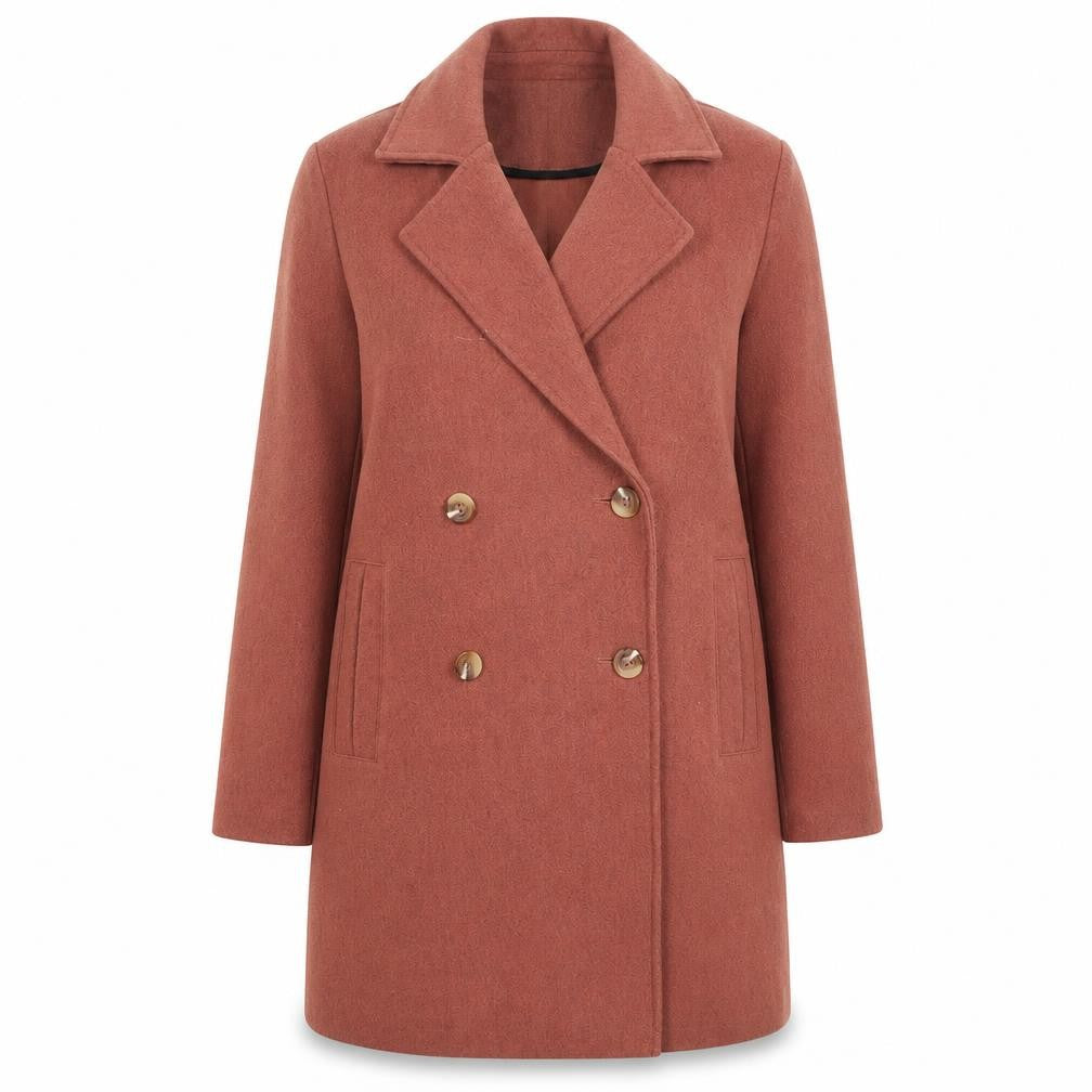 Front view of Tu women’s brown pea coat, size UK 8, buttoned mid-length wool style classic